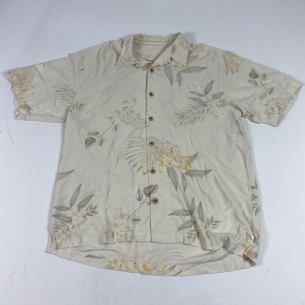 Tommy Bahama Shirt Mens Large Beige Silk Hawaiian Floral Short Sleeve